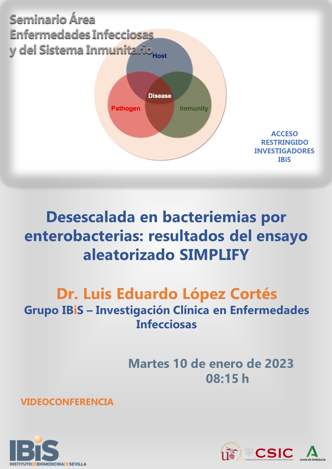 Poster: Desescalada en bacteriemias por enterobacterias : resultados del ensayo aleatorizado SIMPLIFY
